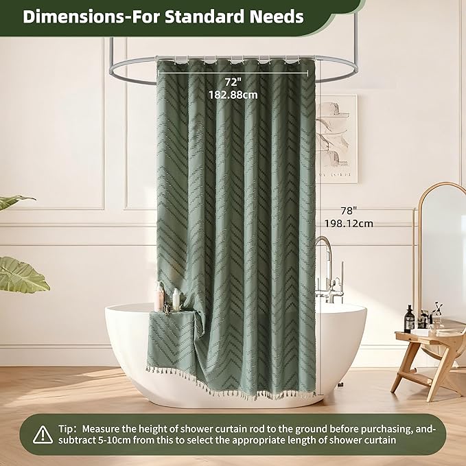 Boho Extra Long Sage Green Shower Curtain with Tassel, Woven Fabric, Tufted Chevron Striped, 72 x 78, Modern Chic Textured Minimalist