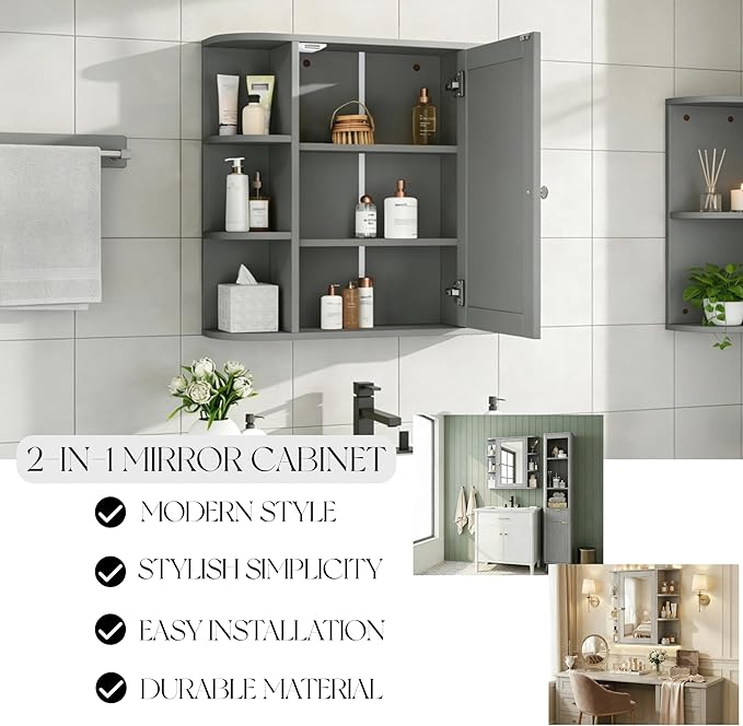 Merax Bathroom Wall Storage Cabinet with Mirror, 26 Inch Medicine Cabinet with Mirror Doors & Adjustable Wood Shelf, Space-Saving Modern Mounted Storage Cabinets with 6 Open Shelves, Gray
