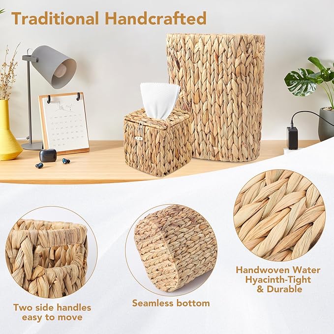 Bathroom Accessories Set,10PC Wicker Home Set with Trash Can, Tissue Box,Tray, Soap Dispenser, Soap Dish, Toothbrush Holder, Toothbrush Cup,Toilet Brush and Qtip Holders (Ratten, Beige)