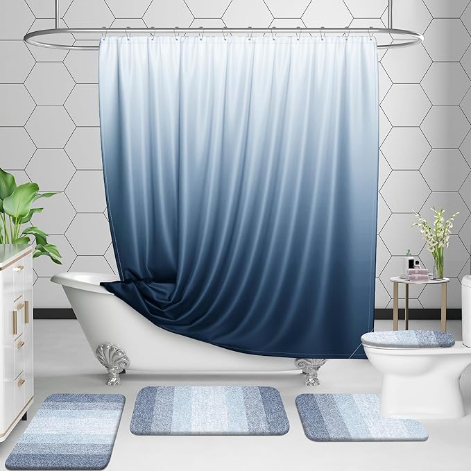 OLANLY Bathroom Rugs Sets 3 Piece, Soft Absorbent Microfiber Bath Mats and U-Shaped Contour Toilet Rug, Plush Shaggy Bath Mat Set for Bathroom (36"x24"+24"x16"+24"x20", Blue)