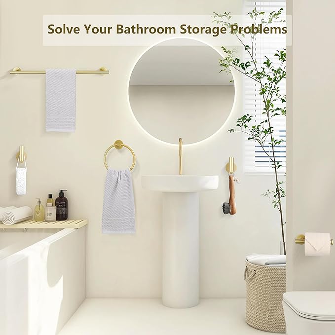 5-Piece Bathroom Hardware Set, Gold SUS304 Stainless Steel Bathroom Accessories Kit, Includes 24" Towel Bar, Toilet Paper Holder, Towel Ring & 2 Robe Hooks, Wall Mounted, Rustproof Modern Design