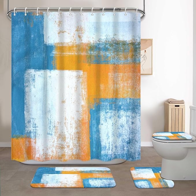 Lnond 4Pcs Bathroom Shower Curtain Sets with Rugs,Blue Orange Painting Art Bathroom Sets with Shower Curtain and Rugs and Accessories