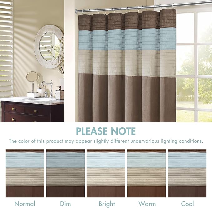 Madison Park Amherst Bathroom Shower Curtain Faux Silk Pieced Striped Modern Microfiber Bath Curtains, 72x84 Inches, Blue