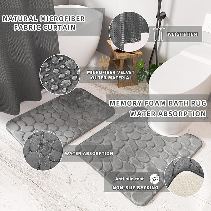 XLHOMO Bathroom Accessories Set- 25PC Grey Bathroom Set, Bathroom Set with Shower Curtain and Rugs, Shower Curtain Set, Toilet Brush, Trash Can, Qtip Holder Dispenser & Soap Dispenser