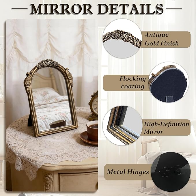 Vintage Vanity Desk Mirror -10x7Inch Wall-Mounted & Tabletop Decorative Ornate Gold Accent Retro Makeup Mirror for Bedroom Dresser Living Room Bathroom Dorm Champagne Gold