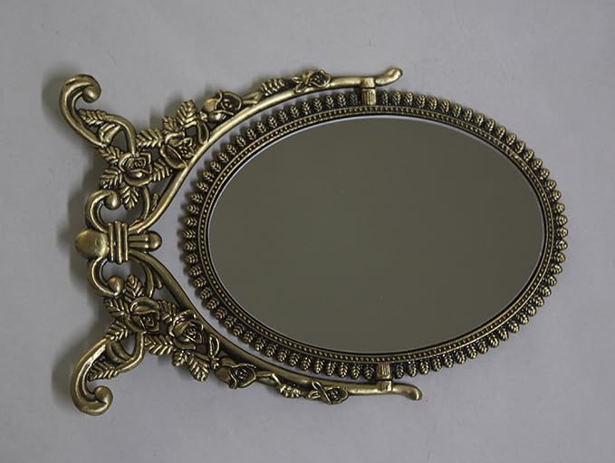 SEHAMANO Vintage Antique Embossed Roses Pattern Makeup Table Mirror, Decorative Oval Shaped Stand Mirror, Vanity Cosmetic Double Sided Rotatable Ellipse Metal Frame Mirror (Brass (Matt Gold), Medium)