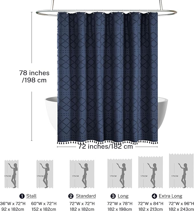 Extra Long Boho Farmhouse Shower Curtain, 72 x 78 Tufted Chevron Textured Striped Modern Minimalist Navy Blue Fabric Shower Curtain for Bathroom