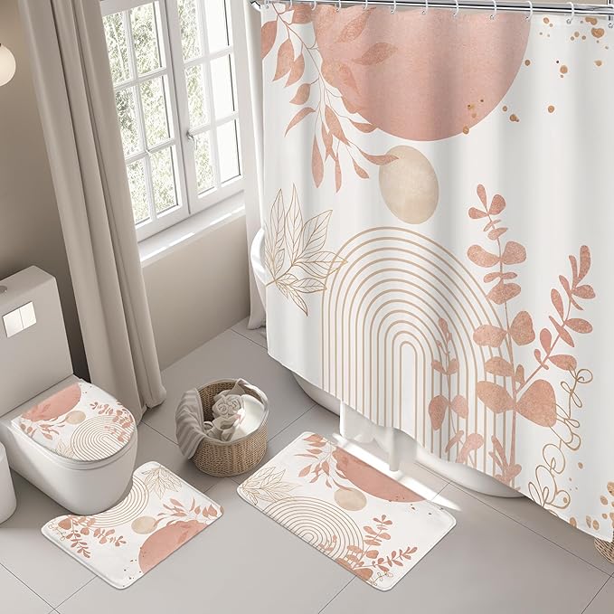 Riyidecor Boho Pink Gold 4Pcs Bathroom Shower Curtain Sets Mid Century Modern Minimalist Leaves Bathroom Decor Set with Rugs and Accessories Abstract Toilet Lid Rug, Contour and Bath Mat with 12 Hooks