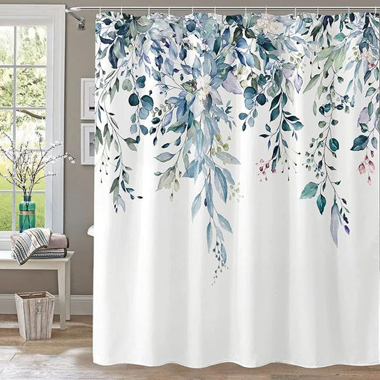 kampdream Teal Blue Plant Shower Curtain, Watercolor Eucalyptus Leaves On The Top Botanical Bathroom Shower Curtain 72 ×72 Inch