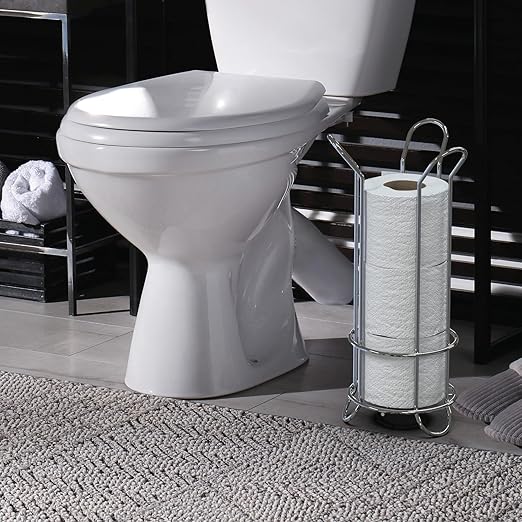BROOKSTONE Toilet Paper Holder Stand Reserve - Free Standing Toilet Paper Stand with Storage that Holds Mega Rolls, Standing Bathroom Tissue Organizer, Bathroom Decor - Modern Storage Holder, Chrome