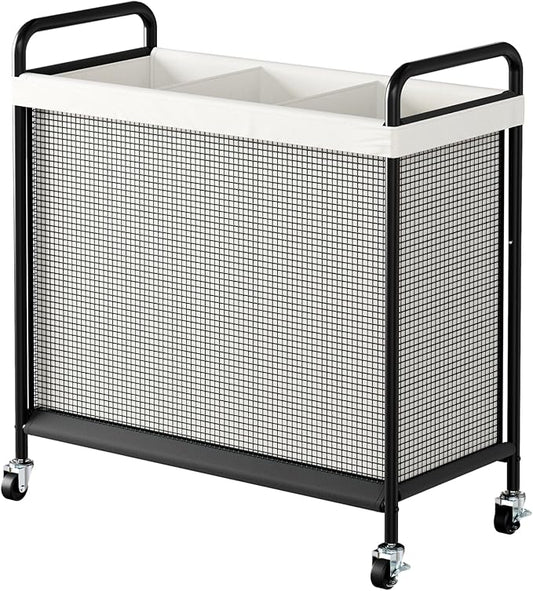 WOWLIVE Laundry Hamper 3 Section, 120L Rolling Laundry Basket with wheels and Removable Liner Bag, Laundry Sorter with Metal Handle, Large Clothes Hamper for Laundry Room, Bathroom and Dorm, Beige