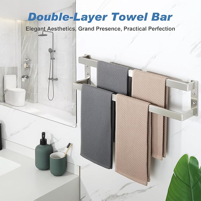 Alise Double Towel Bar, 24" Towel Racks for Bathroom Wall Mounted SUS304 Stainless Steel, Heavy Duty Bathroom Towel Holder, Quick Drying Towel Hanger, Brushed Nickel