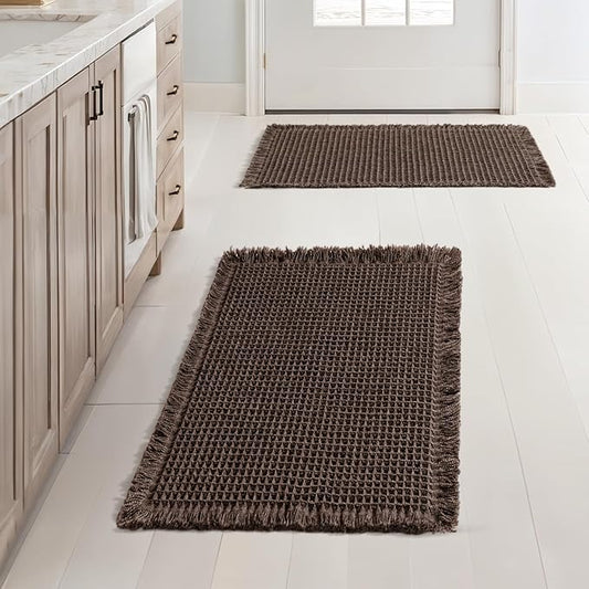 MIULEE Set of 2 Waffle Bathroom Rugs, Boho Bath Rugs Non Slip Washable, Super Absorbent Bath Mats, Ultra Soft Rubber Backed Shower Mats for Bathroom Floor, Tub and Shower, Chocolate, 17x24 Inch