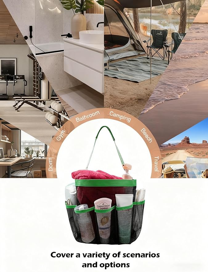 Mesh Shower Caddy Bathroom Portable College Dorm Essentials for Girls Guys Shower Tote Beach Camp Travel Hanging Toiletry Bag Green