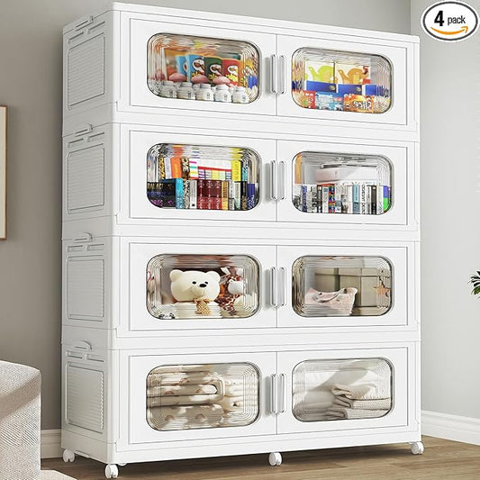 200Gal Extra Large Stackable Storage Bins with Lid & Wheels & Doors, 200QT/50GAL 4-Tiers Collapsible Closet Organizers Plastic Containers Drawers Boxes for Home Kitchen Bedroom, White