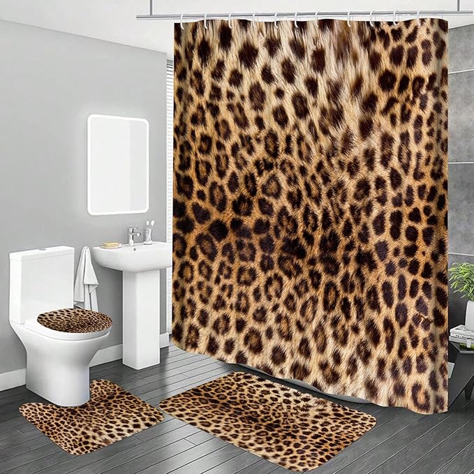 Onalasyc 4 Pcs Leopard Shower Curtain,Cheetah Print Bathroom Set Shower Curtain Sets with Rugs,Brown Animal Print Shower Curtain Bathroom Decor Sets,juego de ba??os de Set completo with 12 Pcs Hook