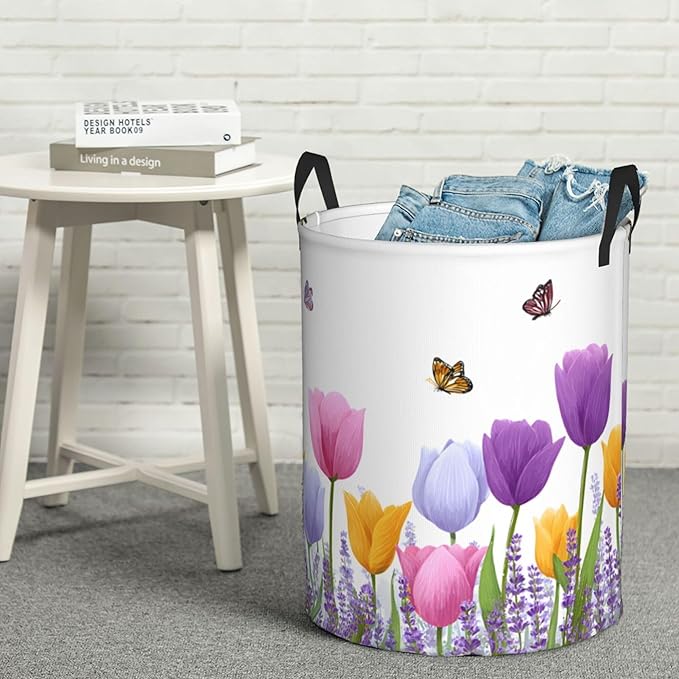 Floral Tulip Laundry Hamper, Collapsible Storage Basket with Handles for Clothes, Bedroom, Bathroom 19.6 x15.7 Inch