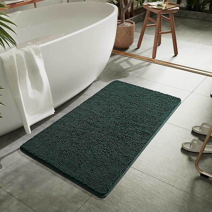 LOCHAS Luxury Bathroom Rug Shaggy Bath Mat 24 x 48 Inch, Washable Non Slip Bath Rugs for Bathroom Shower, Soft Plush Chenille Absorbent Carpets Mats, Hunter Green