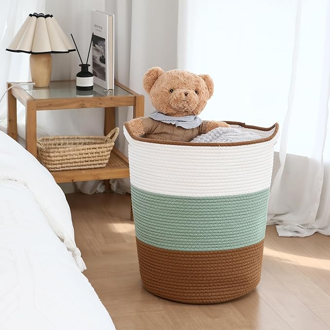 Sea Team Large Size Cotton Rope Woven Storage Basket with Handles, Laundry Hamper, Fabric Bucket, Drum, Clothes Toys Organizer for Kid's Room, 20 x 14 inches, Round Open Design, Green & Brown