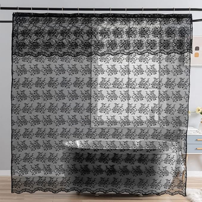 YJ YANJUN Black Lace Shower Curtain Luxury Vintage Sheer Shower Curtain with Attached Valance Elegant Boho Bath Curtain for Bathroom Gothic Halloween Bathroom Decor 72 x 72 Inches