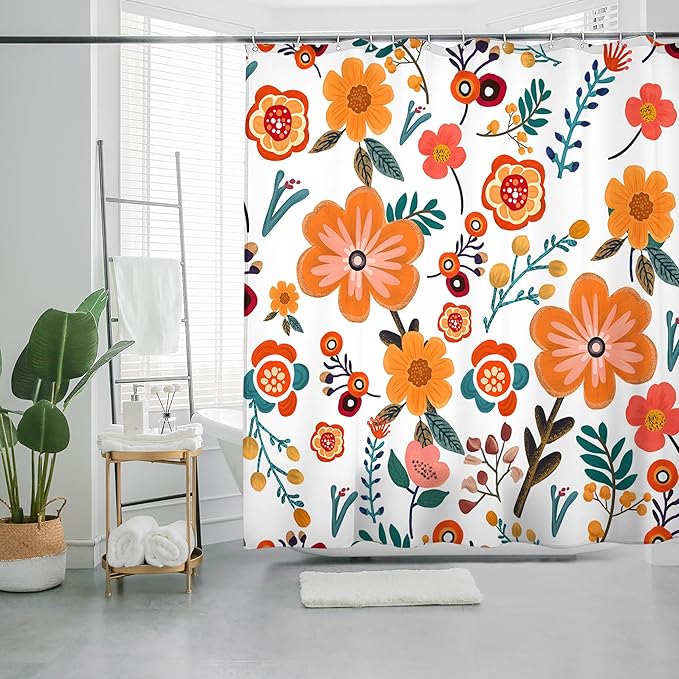 HMS Happy Memories Bohemian Plant Boho Floral Print Shower Curtain, Polyester Fabric Cloth for Bathroom Decor 72×72 Inch Standard Size with 12 Hooks, Also as Room Divider (White Orange Floral)