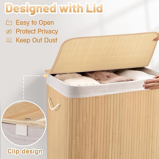 Aliphon 150L Laundry Hamper with lid, 3-Section Clothes Laundry Basket with Handles, Large Collapsible Bamboo Baskets for Bedroom, Bathroom, Dorm, Natural Beige