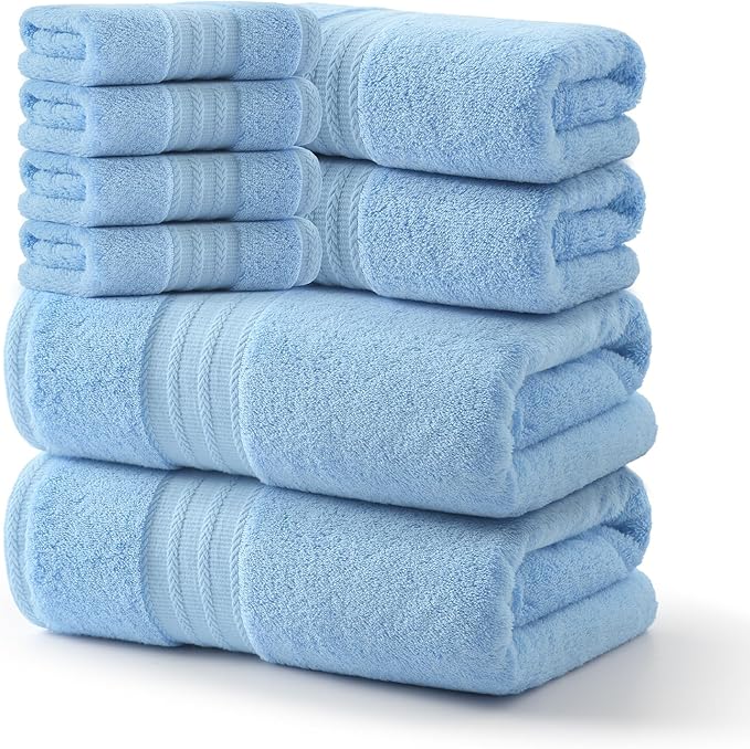 REDKISS 8 Piece Blue Towels Set - 100% Cotton Towels Set with 2 Large Bath Towels, 2 Hand, 4 Washcloths, 600 GSM Highly Absorbent Bath Towel Sets, Blue Quick Dry Shower Towel for Family Dorm Gym