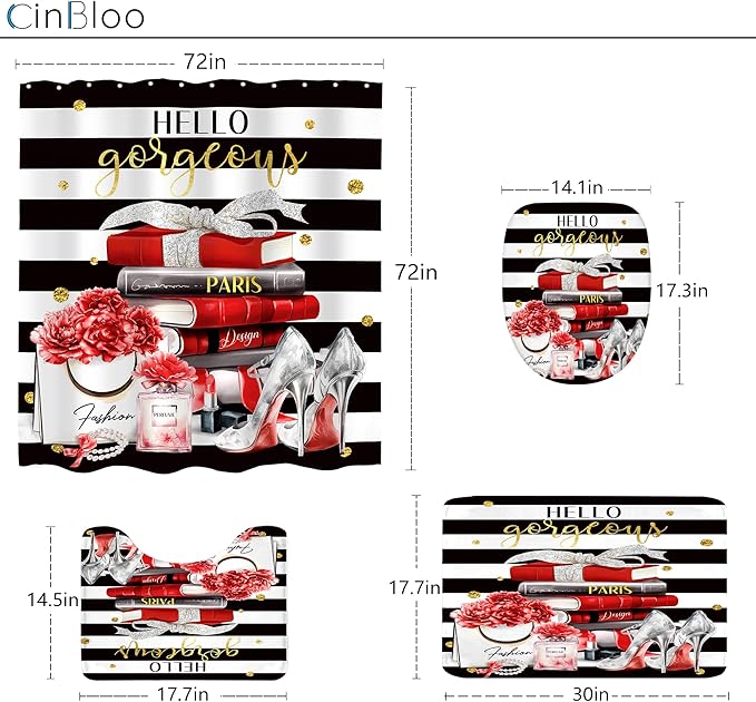 Cinbloo 4Pcs Black Red Burgundy Shower Curtain Set, Fashion Flower Perfume Women Girly Modern Bathroom Curtain with Rug, Toilet Lid Cover, Bath Mat, High Heels Magazine Shower Curtain with 12 Hooks