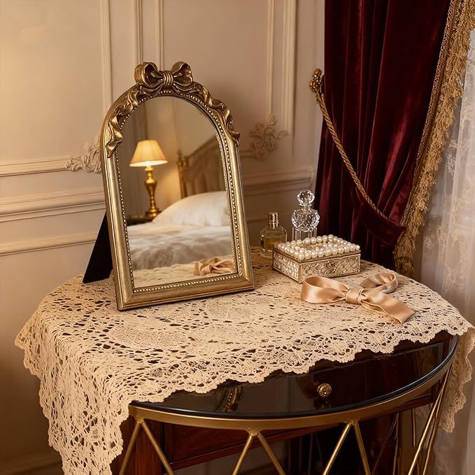 Vintage Carved Resin Desk Mirror - 13x10 Inch Decorative Vanity Mirror for Makeup, Dorm, Bedroom & Tabletop Deco (Bow Champagne Gold, 13" L x 10.2" W)