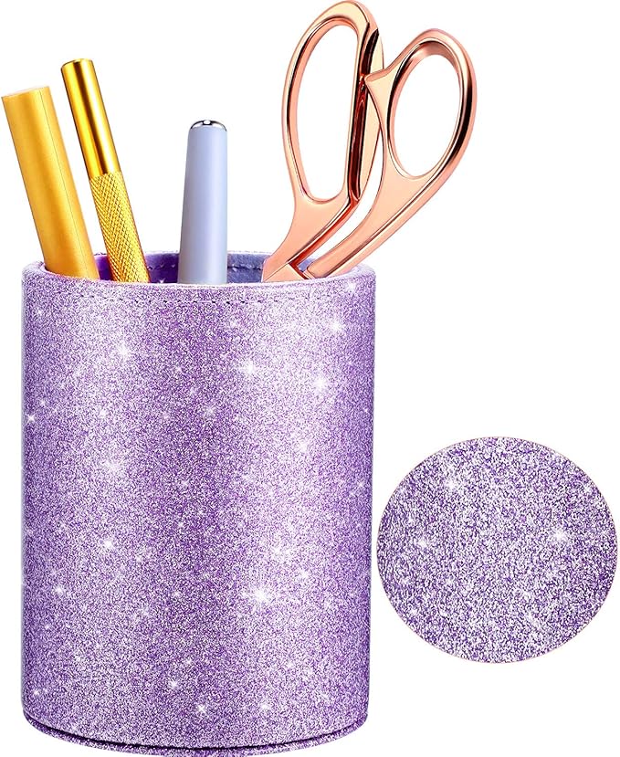 Outus PU Glitter Pen Holder Pencil Cup Shiny for Women Girls, Luxury Makeup Brush Holder Pu Leather Organizer Cup Gift for Desk Office Classroom Home (Purple)