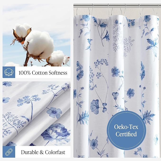 Martha Stewart Martha's Garden Shower Curtain Botanical Floral Print Cotton Shower Curtain for Bathroom, Spa Quality Modern Shower Curtains Standard Size, 72x72 Blue