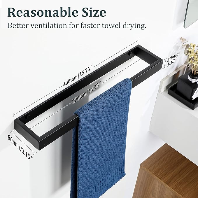 Sayayo Matte Black Towel Bar for Bathroom, 16 Inch Hand Towel Holder Wall Mount, Screw or Self Adhesive Towel Ring Square SUS304 Stainless Steel, 3.2 Inch Wide