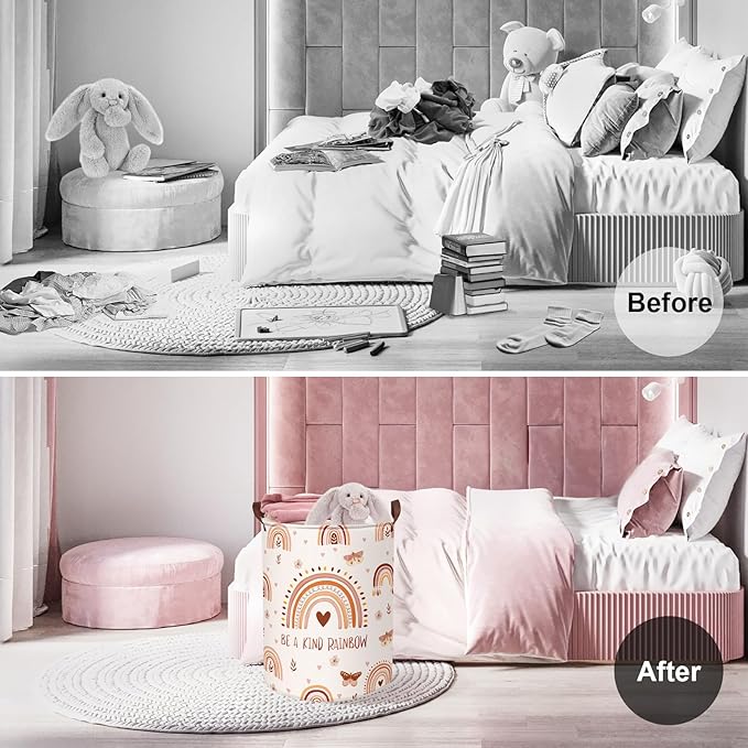 Clastyle 45L Boho Rainbow Laundry Hamper with Handle Drawstring Waterproof Butterfly Flowers Pink Laundry Basket Round Clothes Toys Heart Basket for Nursery Room