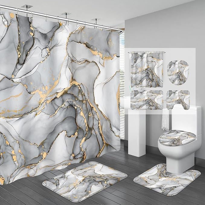 4PCS Grey Marble Bathroom Sets with Shower Curtain and Rugs, Abstract Shower Curtain Sets with Rugs, Gold Bathroom Curtains Shower Set with Toilet Lid Cover Accessories
