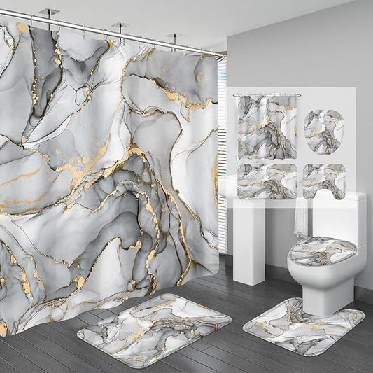 4PCS Grey Marble Bathroom Sets with Shower Curtain and Rugs, Abstract Shower Curtain Sets with Rugs, Gold Bathroom Curtains Shower Set with Toilet Lid Cover Accessories