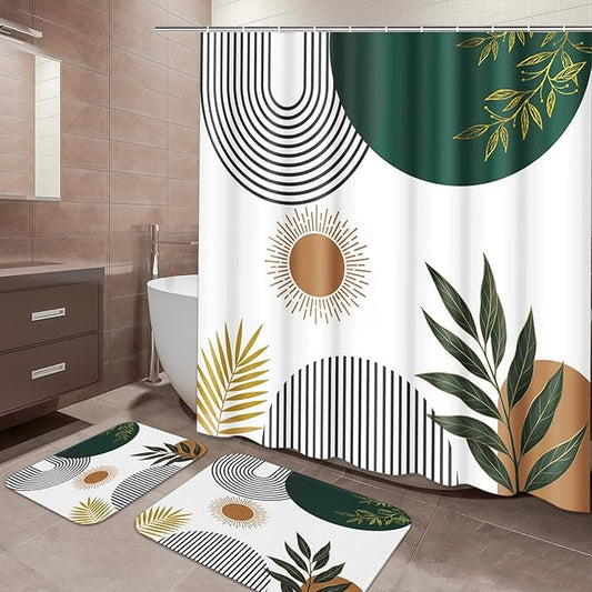 ArtSocket Mid Century Green Boho Bathroom Set with Shower Curtain and Bath Rugs and Accessories,Abstract Sun Arch Curve Leaves Geometric Non-Slip Shower Curtain Set,Bathroom Decor 3 Pcs