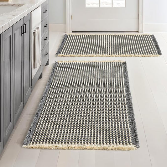 MIULEE Set of 2 Waffle Bathroom Rugs, Boho Bath Rugs Non Slip Washable, Super Absorbent Bath Mats, Ultra Soft Rubber Backed Shower Mats for Bathroom Floor, Tub, Dark Grey & Yellow, 18x30 Inch