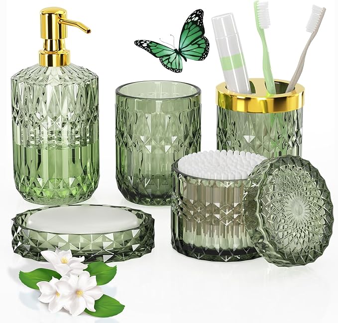 QIQU Green Glass Bathroom Accessories Set 5 Pcs, Green Bathroom Set, Soap Dispenser and Toothbrush Holder Set, Qtip Holder Set, Vintage Bathroom Sink Set, Cute Bathroom Decor