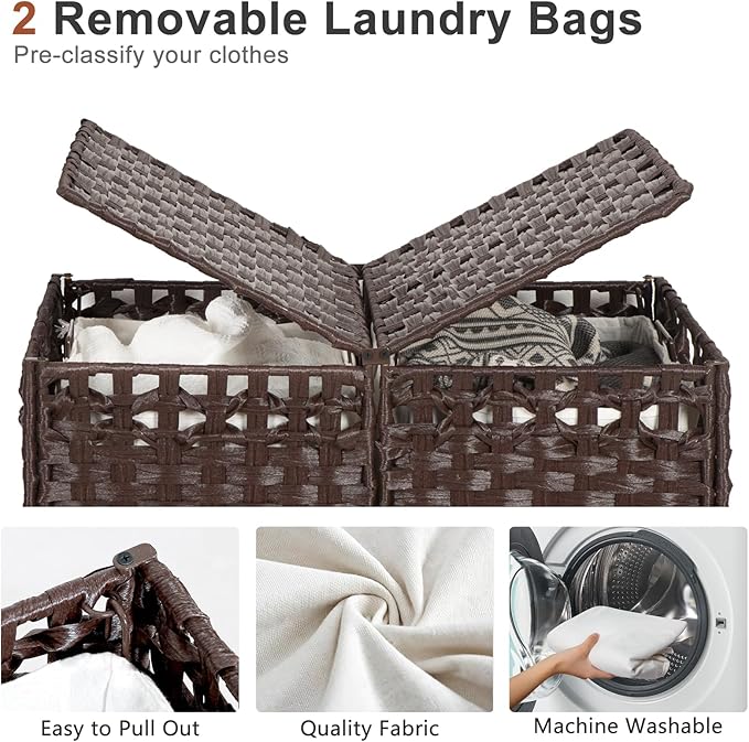 130L Foldable Laundry Hamper with Lid - Handwoven Rattan Storage Basket, 2-Section Clothes Hamper w/2 Removable Liner Bags, Easy Assembly, Portable for Bedroom Bathroom Dorm,Brown