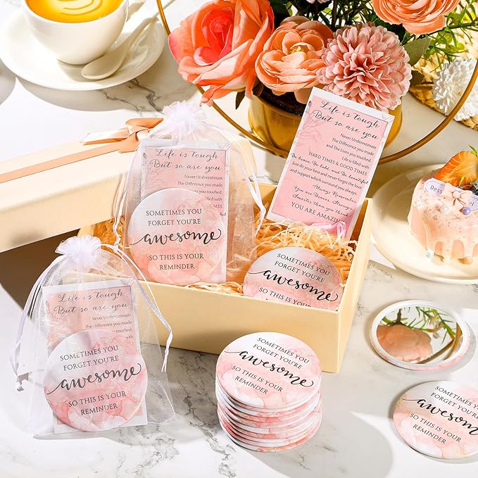 25 Set Mother's Day Inspirational Compact Mirror Religious Bulk Gift for Women Christian Mini Makeup Pocket Mirror Administrative Professional Gift with Card for Volunteer Employee Teacher (Pink)