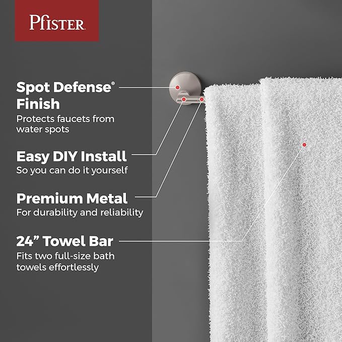 Pfister Vedra Bath Towel Bar for Bathroom, 24-Inch, Wall-Mounted, Screw-in, Spot Defense Brushed Nickel Finish, BTBVED2GS