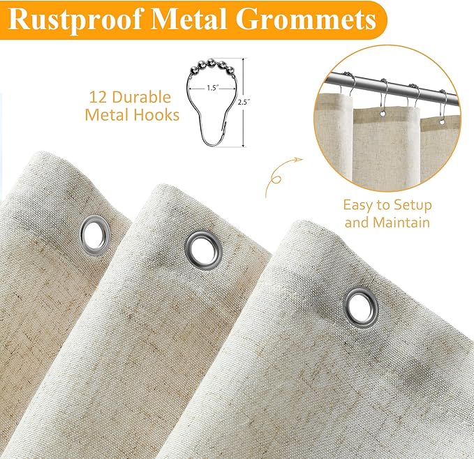 Naturoom Light Beige Linen Shower Curtain 74 Inch Long Weighted Fabric Bath Shower Curtain Set with Hooks, XLong Tall Country Farmhouse Curtains for Bathroom, 72x74