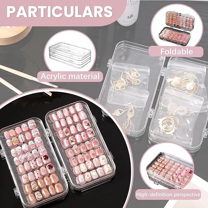 2 Pack Tri-Fold Press On Nail Organizer Case - 4-Page Portable Storage Box for Fake Nails, Clear PET Plastic Travel Holder (6×3.2×1.8 inch)