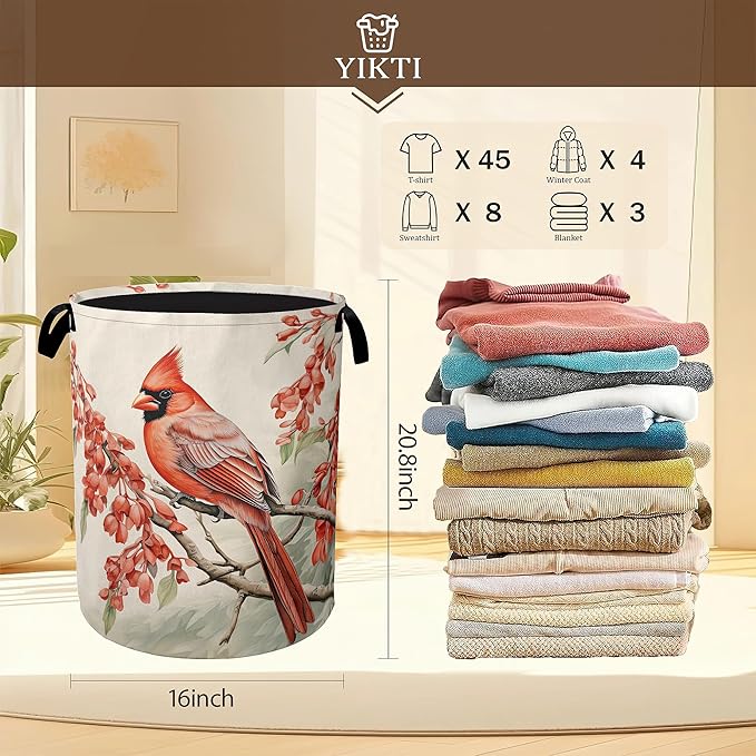 Vintage Cardinal Bird Laundry Hamper,Red Flower Collapsible Laundry Baskets,Waterproof Oxford Cloth Laundry Room Organization for Bedroom,Bathroom,Nursery,16x20 Inch