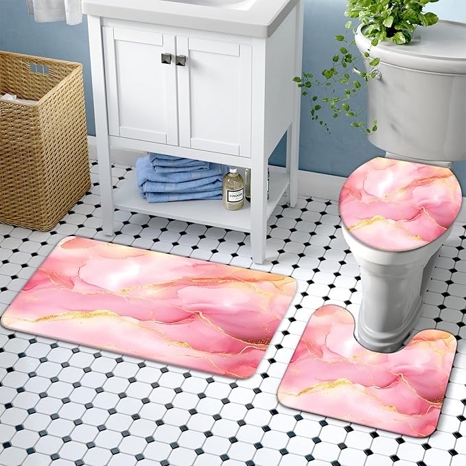 Lnond 4Pcs Bathroom Sets with Shower Curtain and Rugs, Pink Gold Marble Modern Art Shower Curtain Sets with Rugs and Accessories