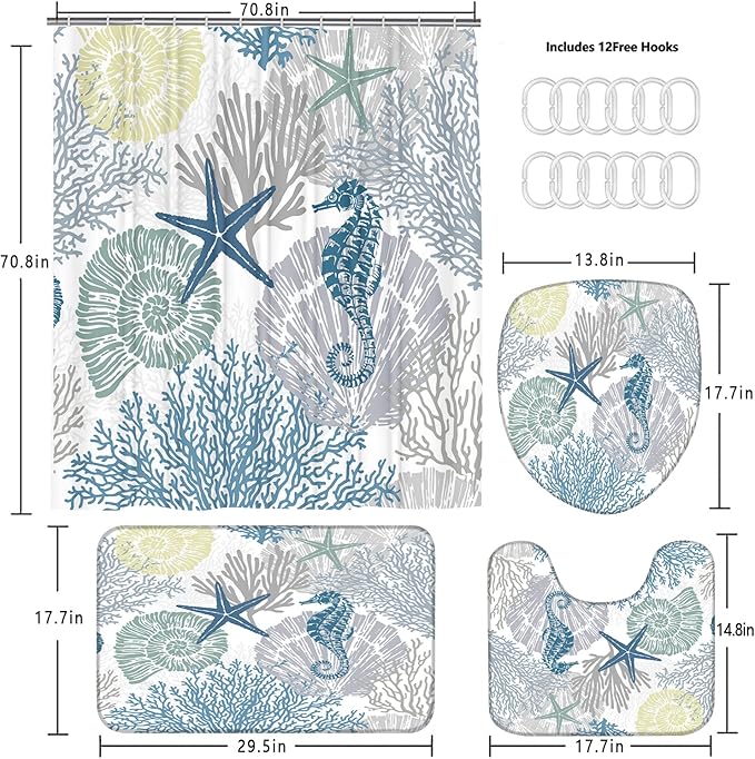 Nkzply 4 Pcs Beach Shower Curtain Set Blue Ocean Bathroom Sets with Shower Curtain and Rugs Seahorse Shower Curtains Set Seashell Starfish Bathroom Decor Accessories Coral Bathroom Rugs Set