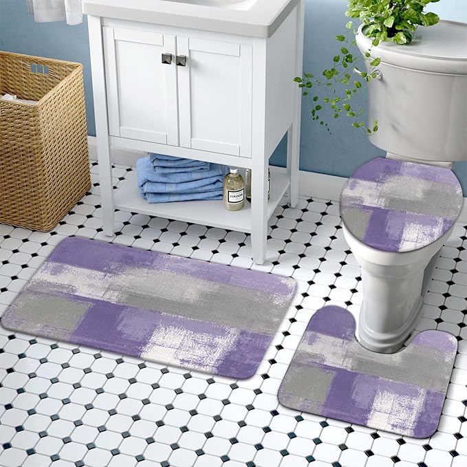 Lnond 4Pcs Purple Bathroom Shower Curtain Sets with Rugs, Purple and Grey Painting Art Bathroom Sets with Shower Curtain and Rugs and Accessories