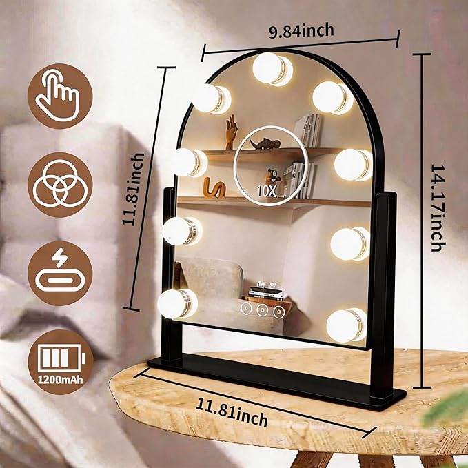Arched Makeup Vanity Mirror with Lights LED Makeup Mirror Detachable 10X Magnification, Hollywood Make Up Mirror with Lighting, Smart Touch, Rechargeable,360° Rotation,Black 14.17"x 11.81"