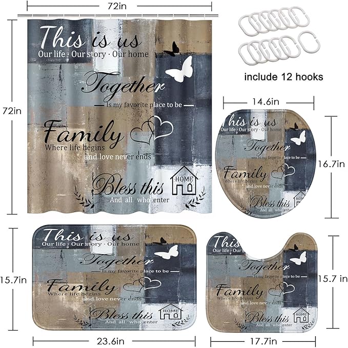 Family Home Motivational Shower Curtain Set with Toilet Lid Cover and Non-Slip Rugs for Bathroom, Brown Grey Abstract Painting Art 4 Pcs Shower Curtain, Modern Bathroom Set with 12 Hooks