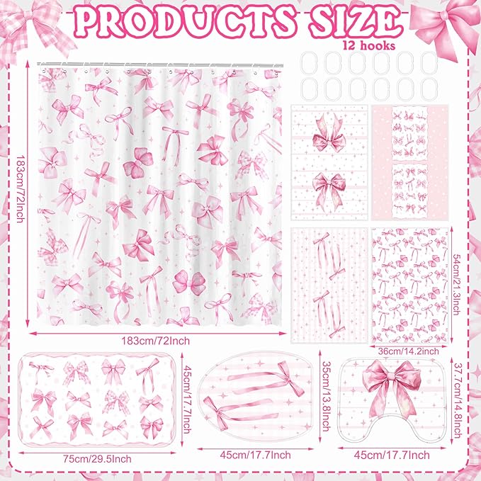 FuWeave 8 Pcs Pink Bow Shower Curtain Sets for Bathroom Decor Cute Coquette Bathroom Accessories Bow Knot Aesthetic Girly Shower Curtain Sets with Towels Carpet Bath Mat Toilet Rugs and 12 Hooks